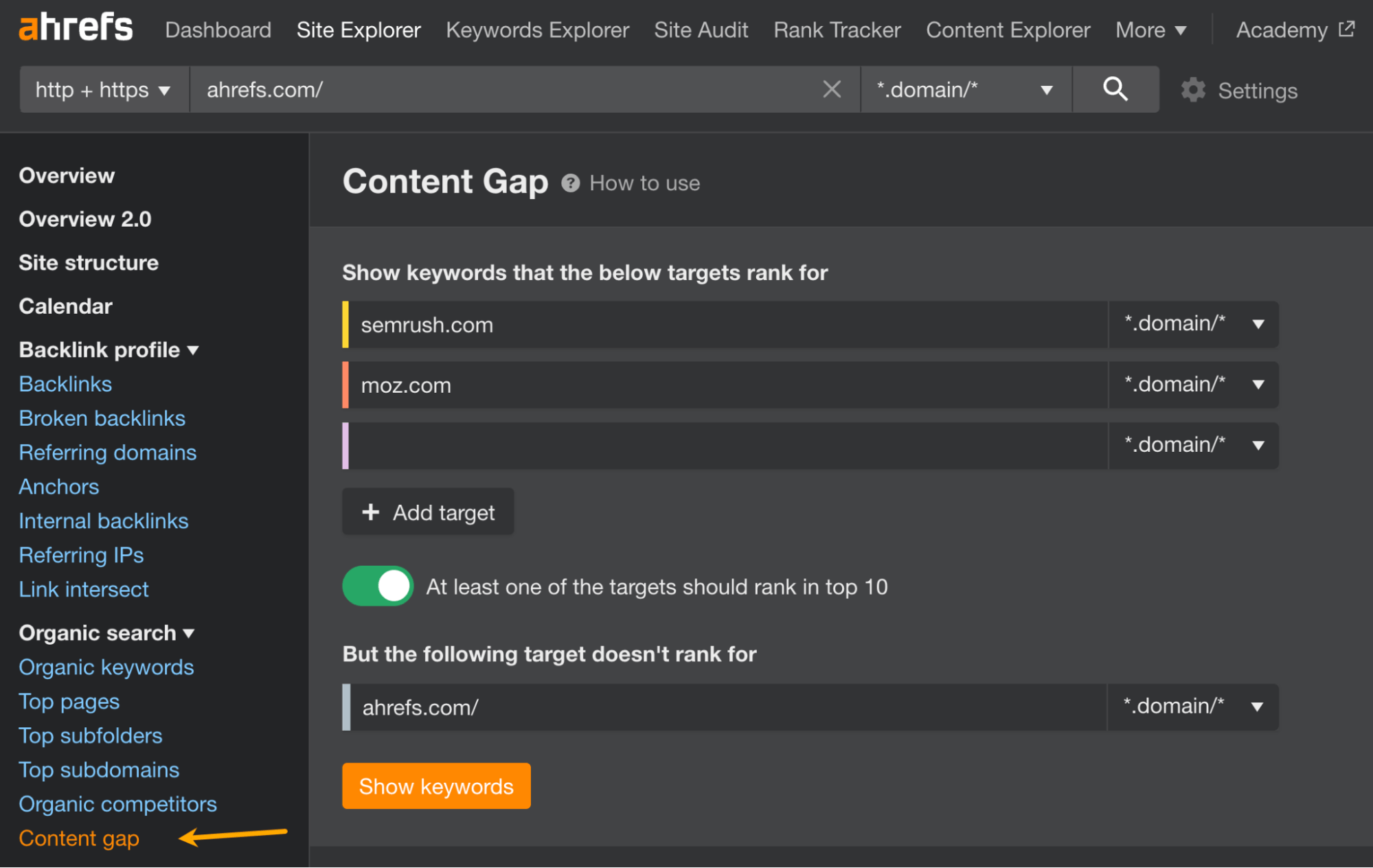 Content Gap tool in Ahrefs