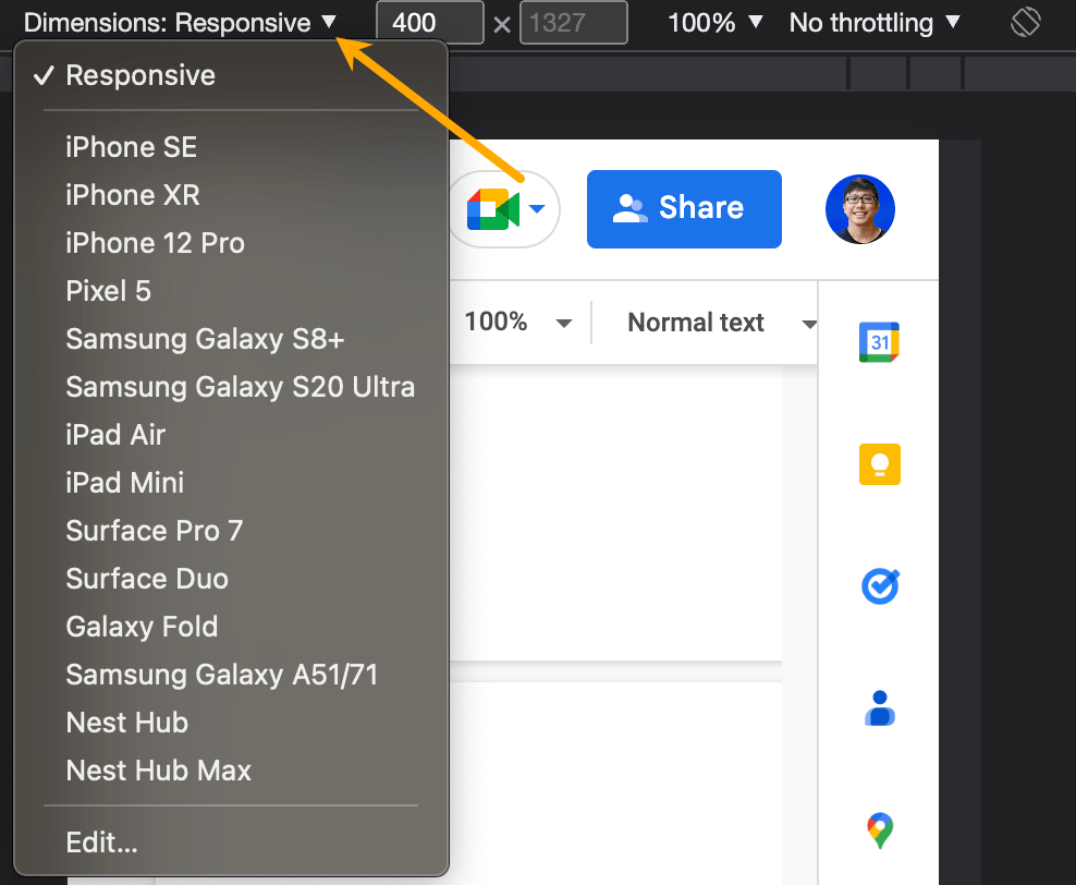 Checking responsiveness for different devices in Chrome Developer Tools