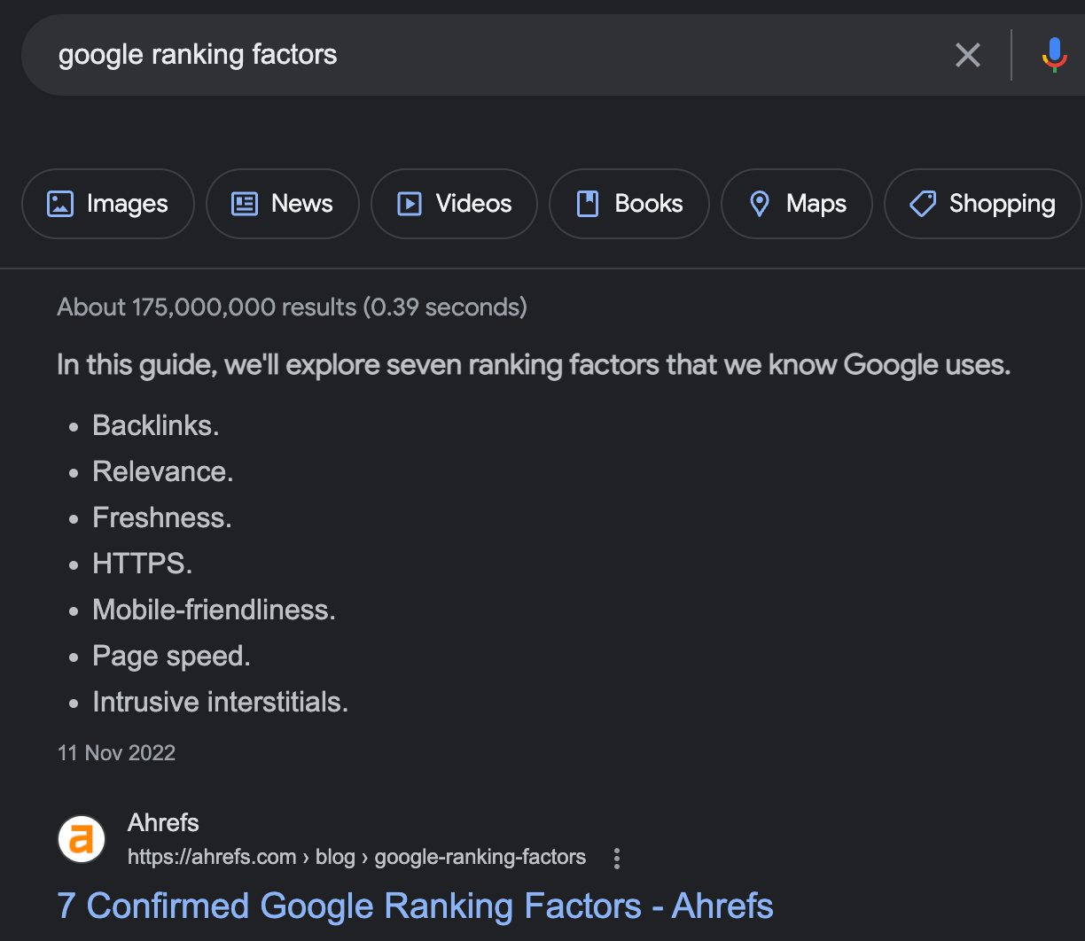 Google shows a list for a featured snippet for "google ranking factors"
