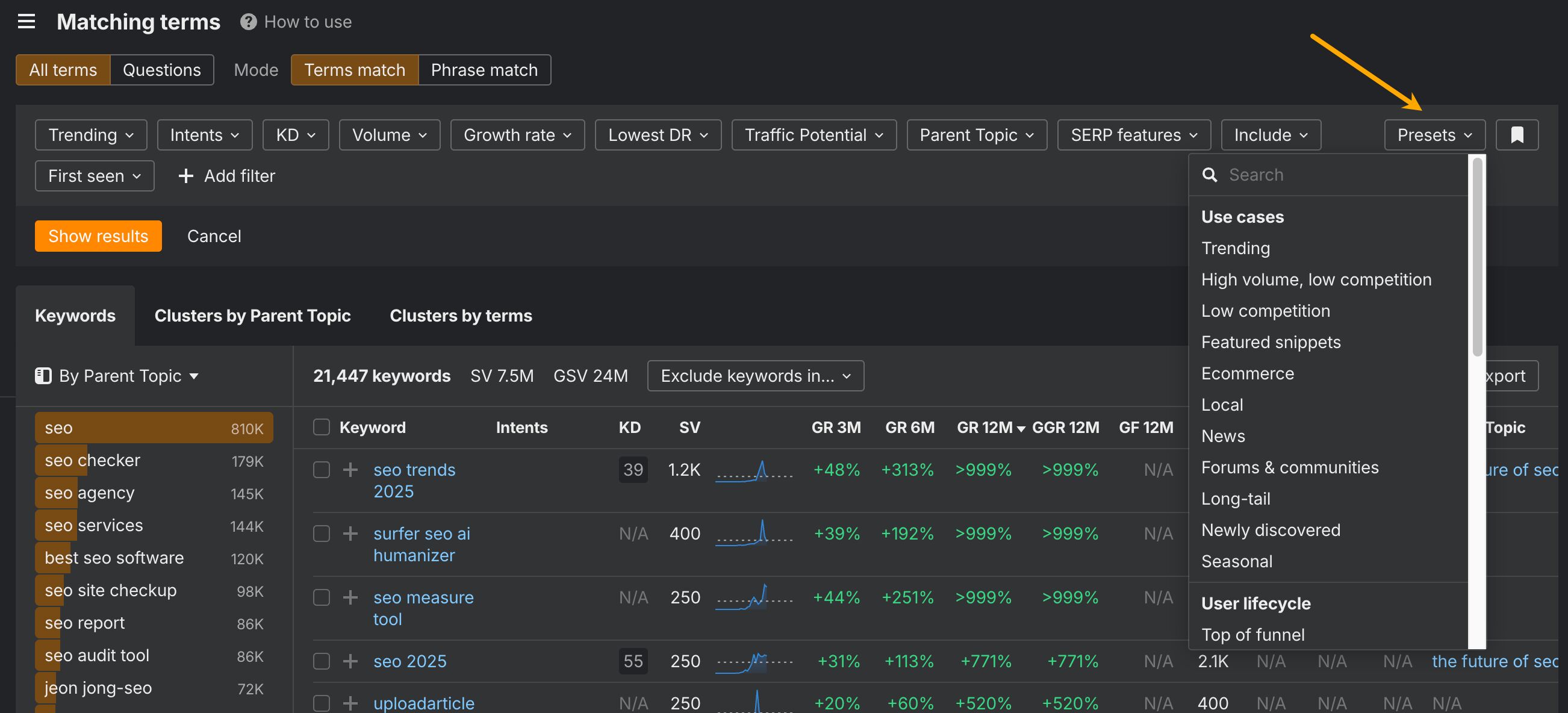 Keyword presets
