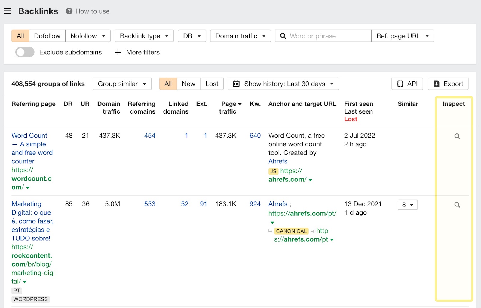 Inspect to view a backlink in the source code of a referring page