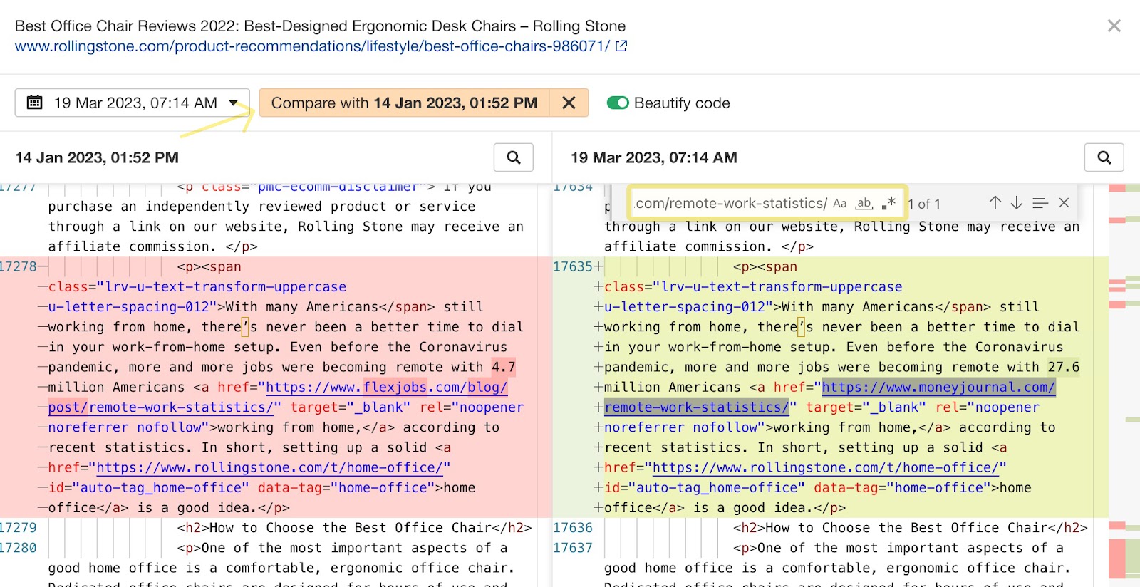 Inspect the backlink and click on Compare