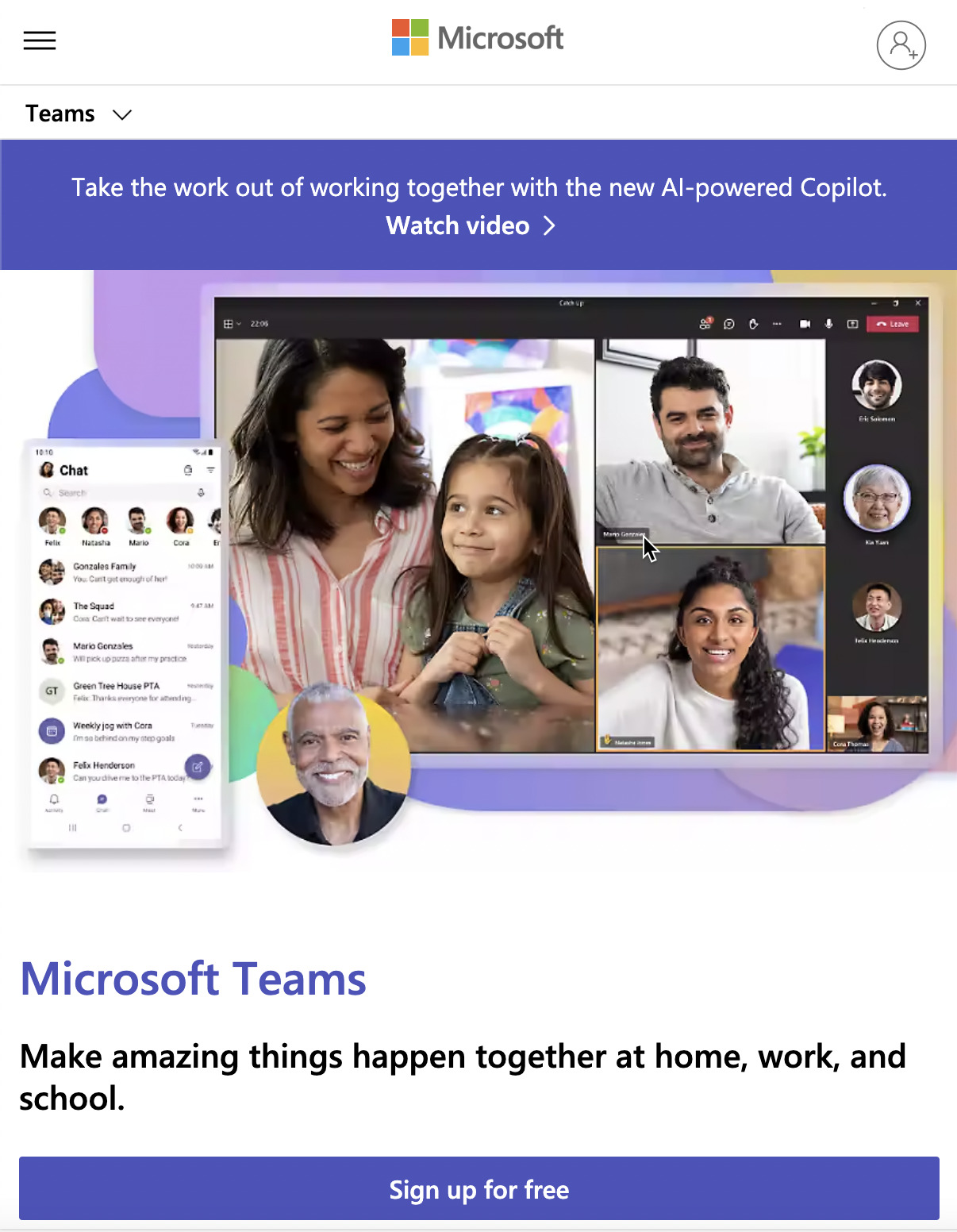 Página inicial do Microsoft Teams, via microsoft.com