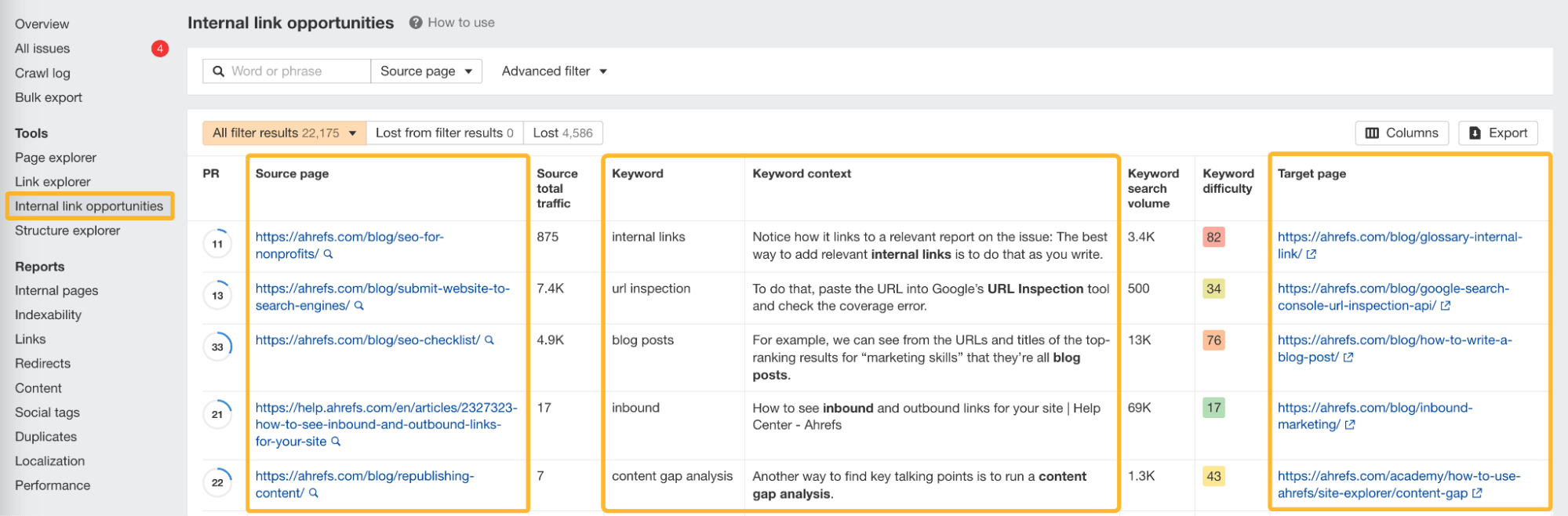 Internal link opportunities report, via Ahrefs Webmaster Tools