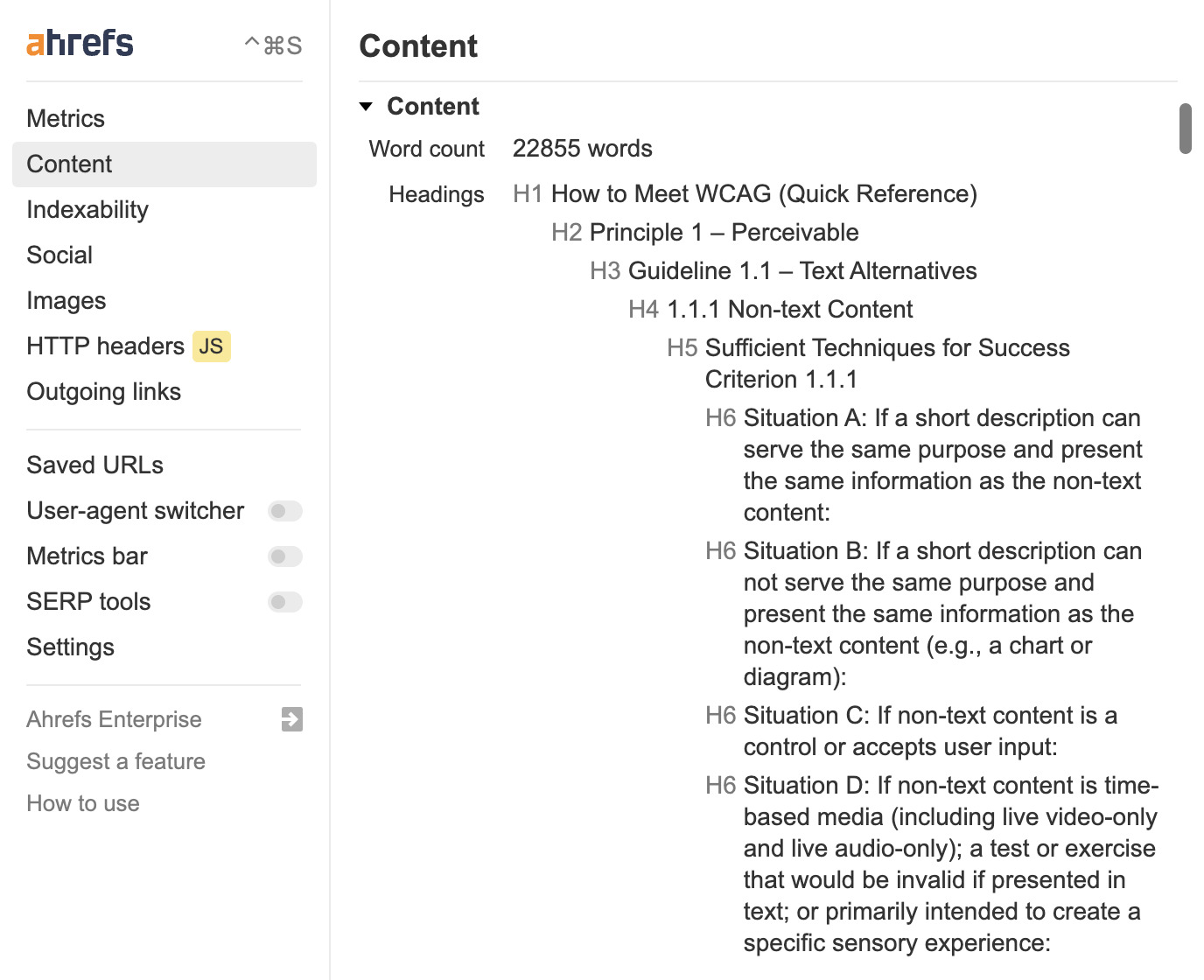 "Content" section in Ahrefs' SEO Toolbar