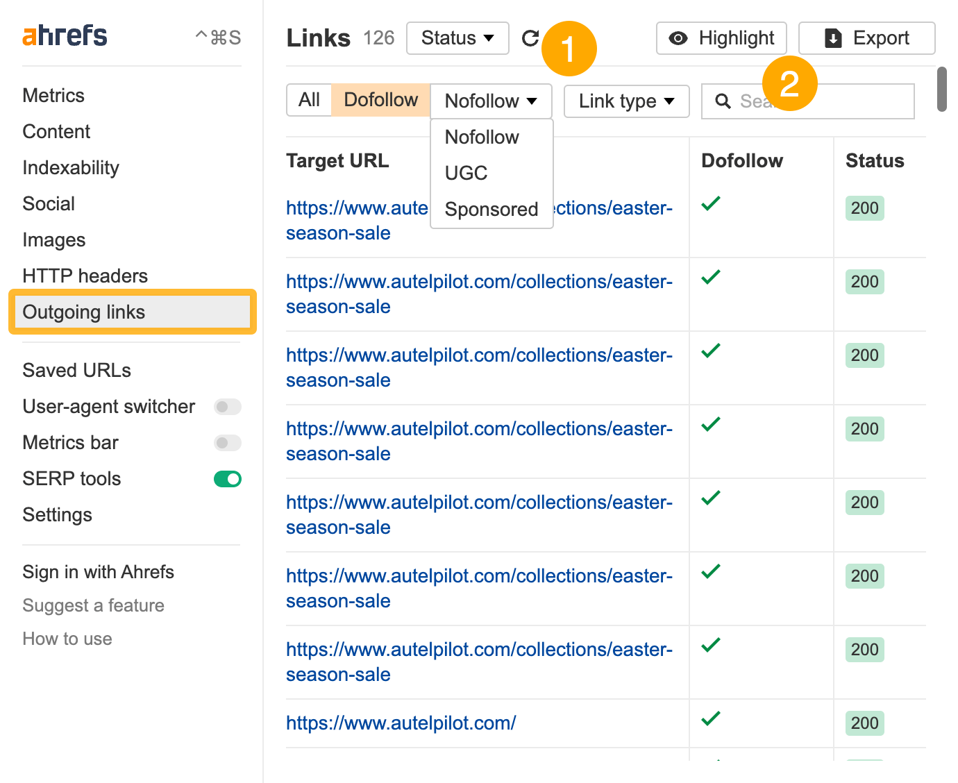 "Outgoing links" section, via Ahrefs' SEO Toolbar