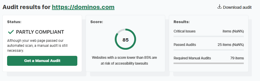 Verificador de acessibilidade mostrando uma pontuação de auditoria