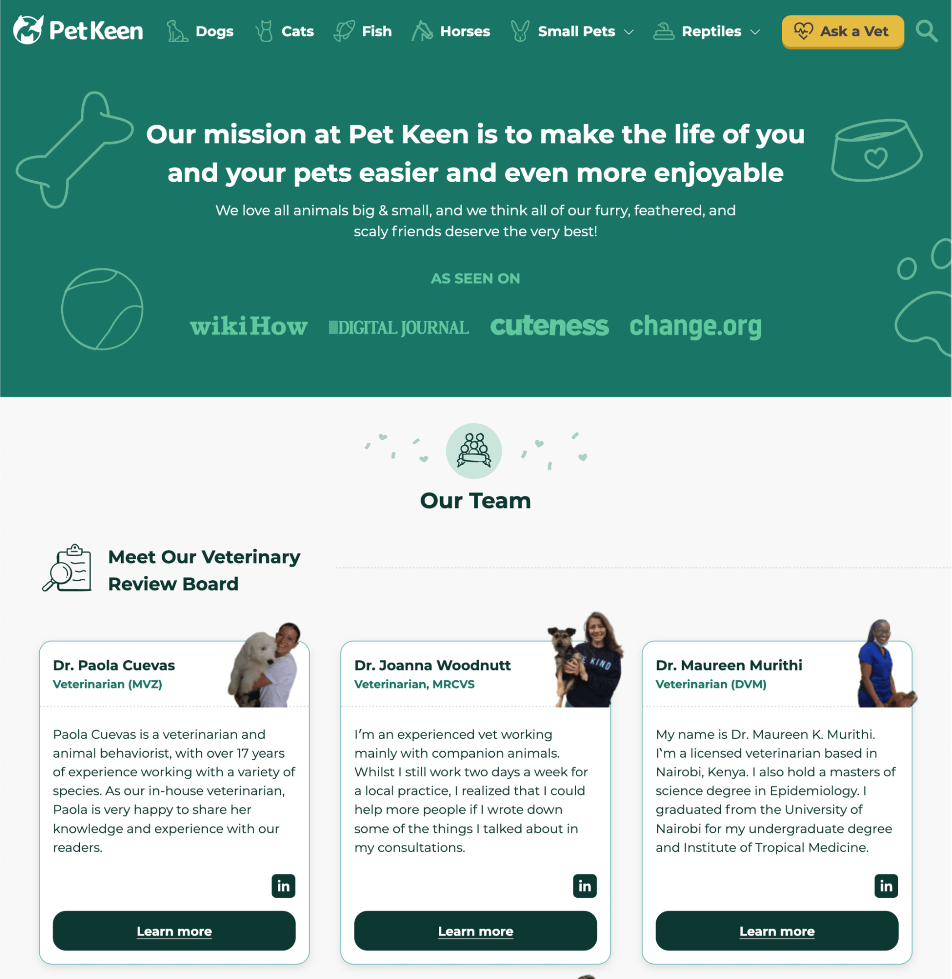 Petkeen.com 的关于页面，该页面展示了其兽医团队的专业知识
