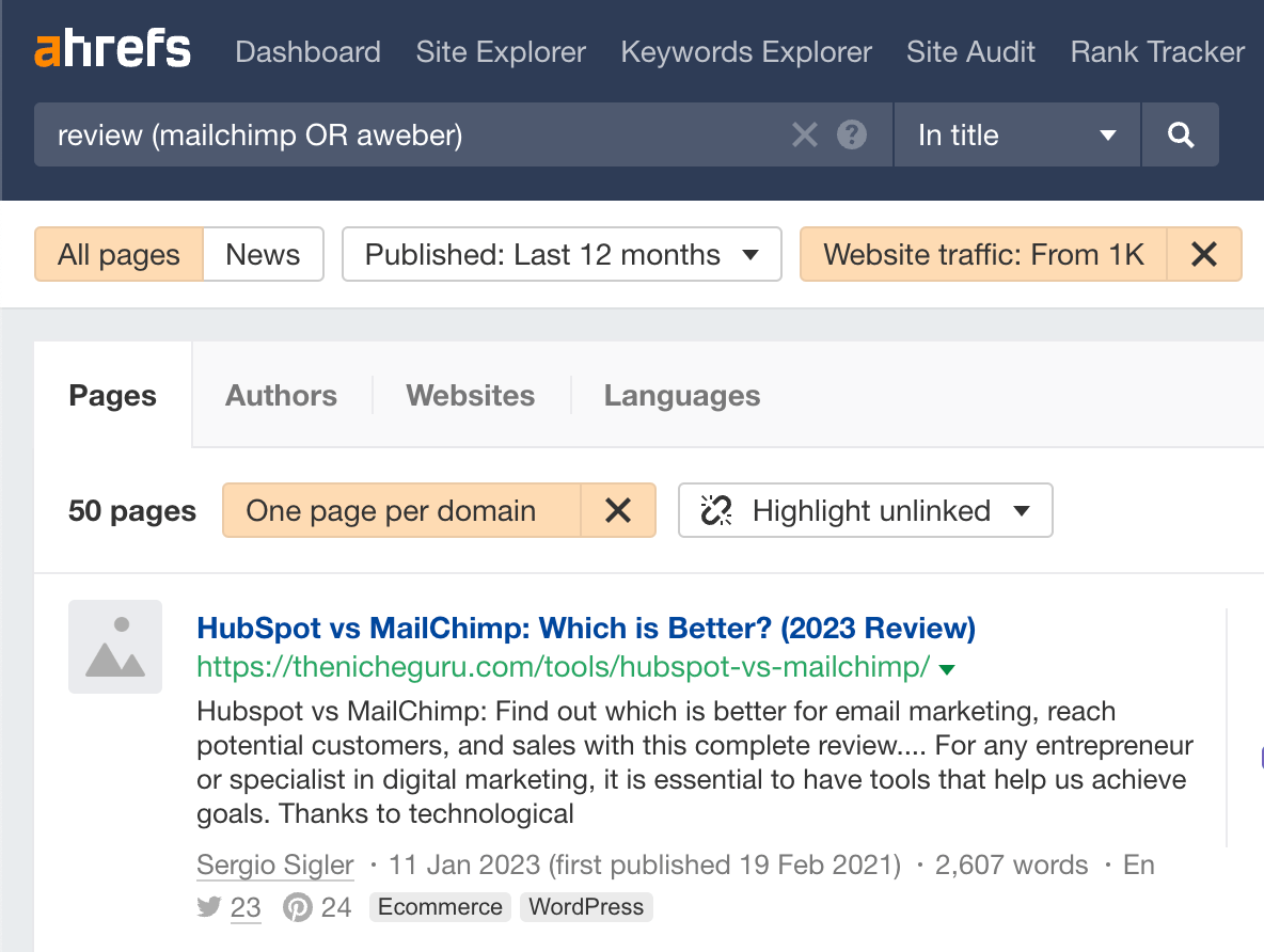 Filtering the results in Ahrefs' Content Explorer
