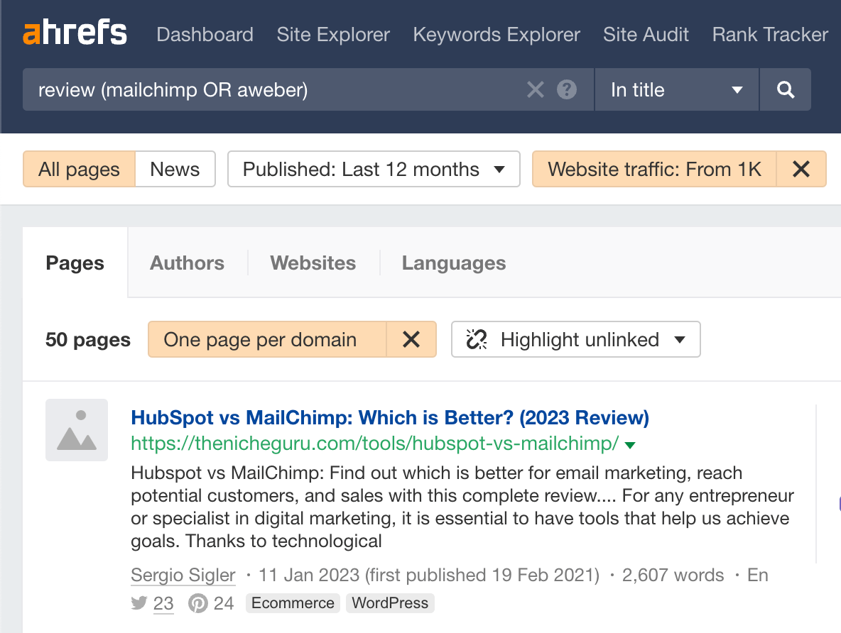 Filtering the results in Ahrefs' Content Explorer