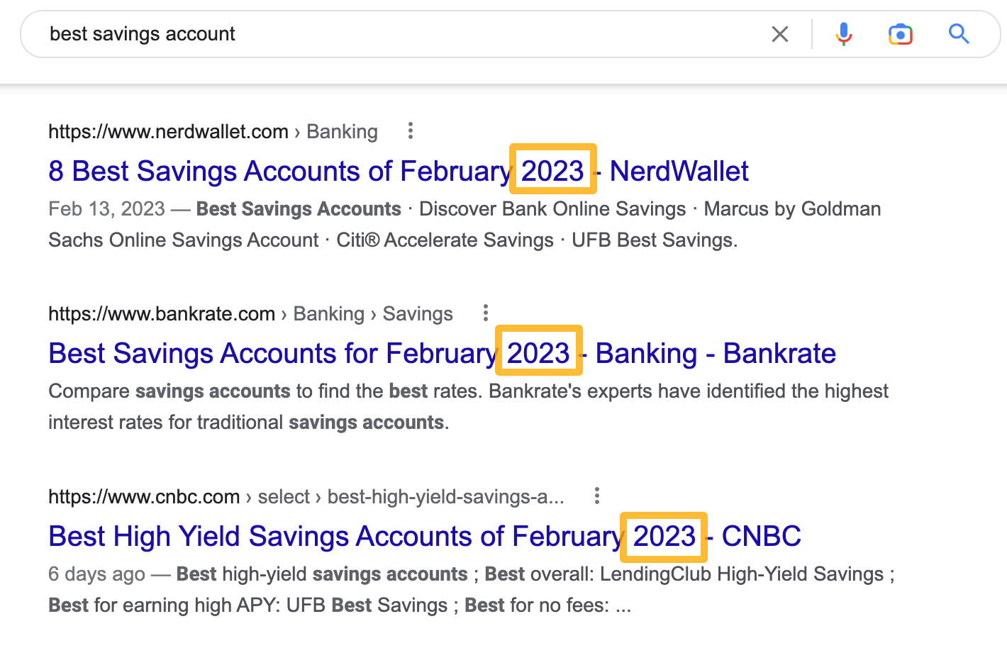 Examples of fresh results on the first page for "best savings account"

