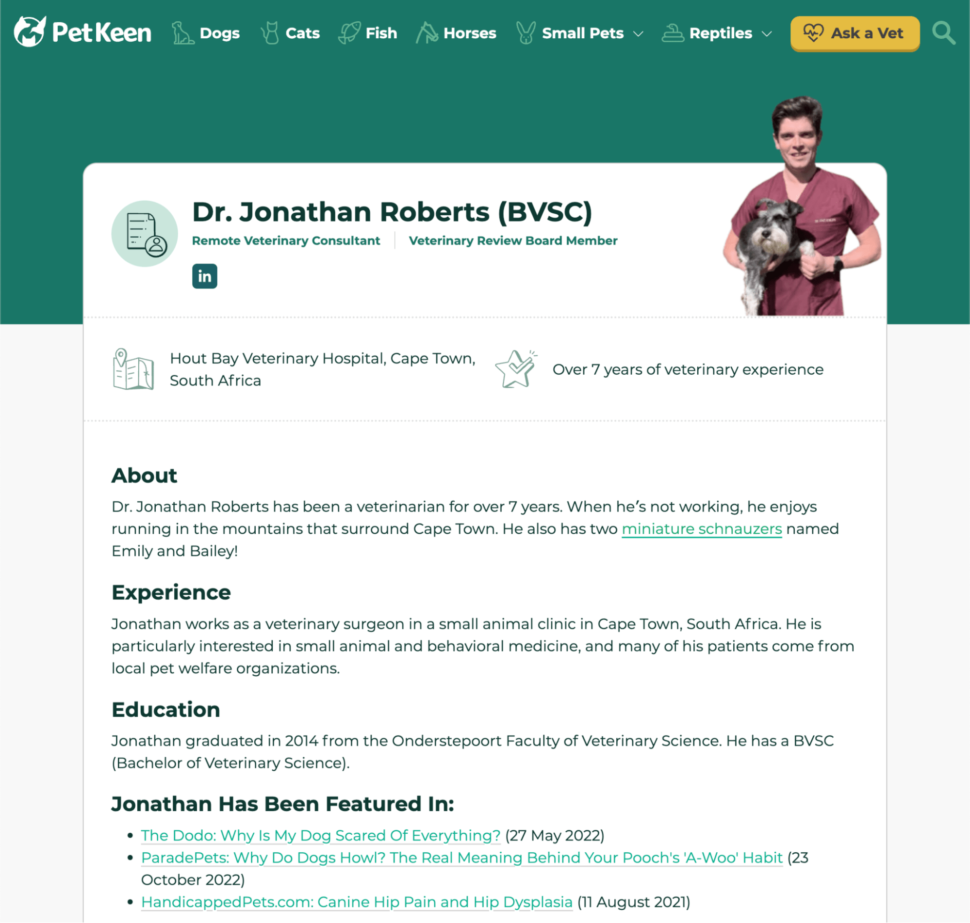 petkeen.com上的一个作者页面，展示了兽医乔纳森·罗伯茨博士（Dr. Jonathan Roberts）的专业知识