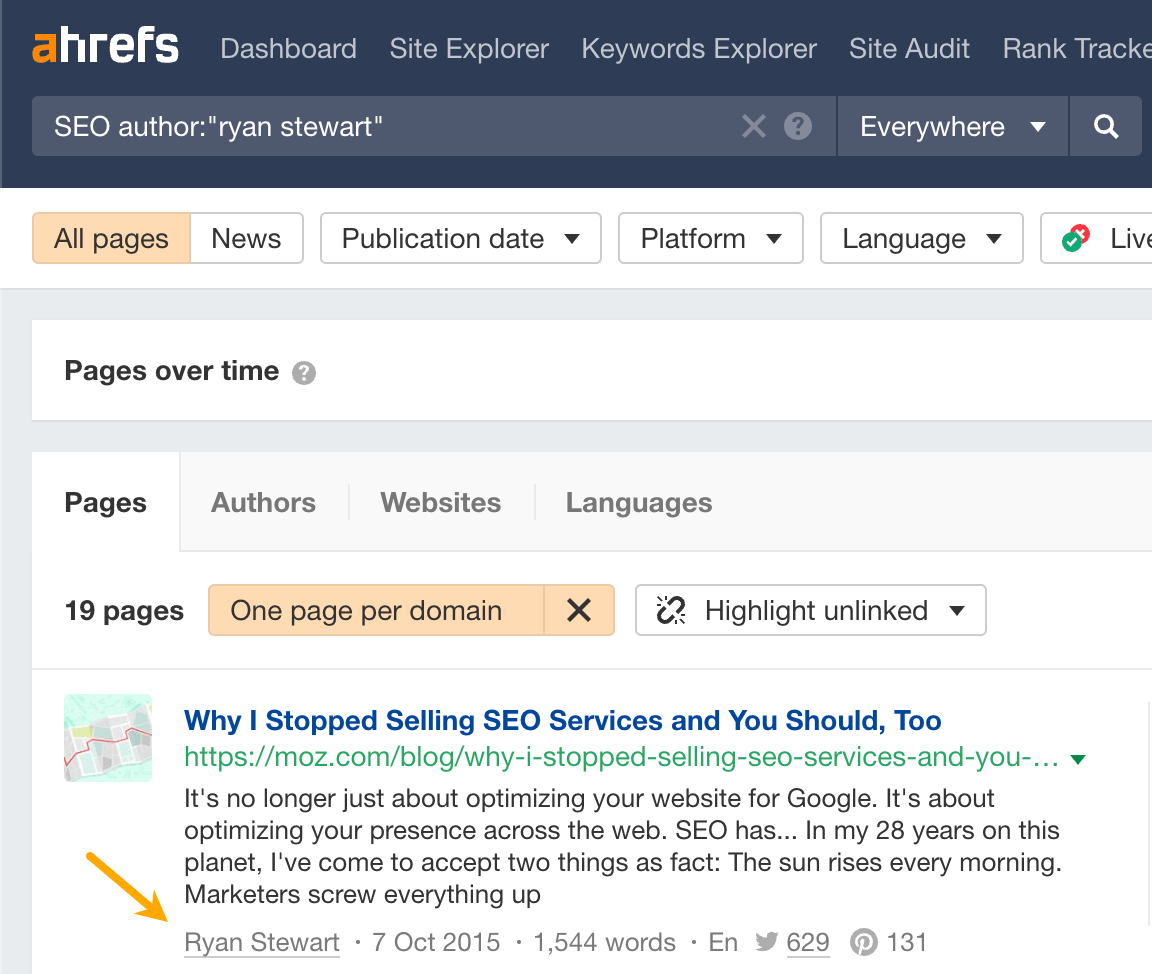 Searching for posts by a particular author using the author: operator in Ahrefs' Content Explorer
