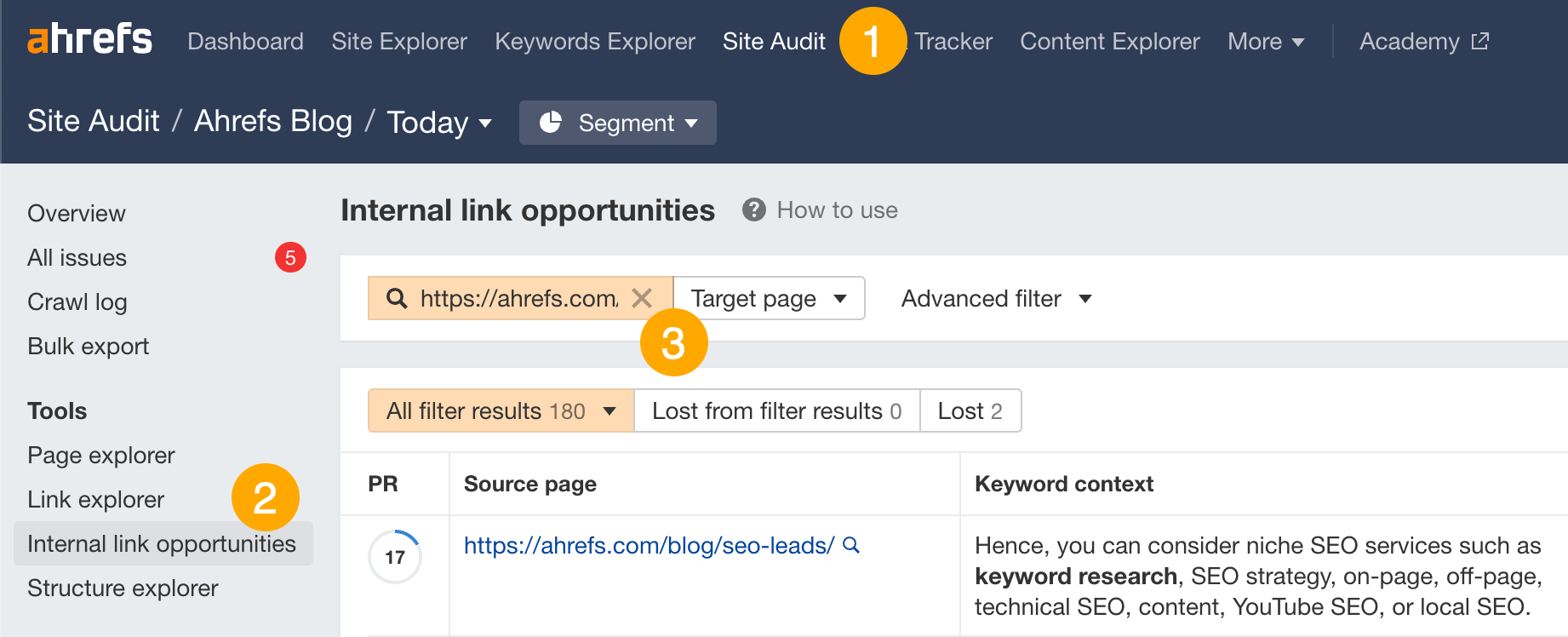 Using the Internal Link Opportunities tool in Site Audit to find internal links to add

