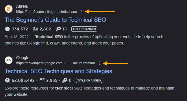 Example of breadcrumbs in search results