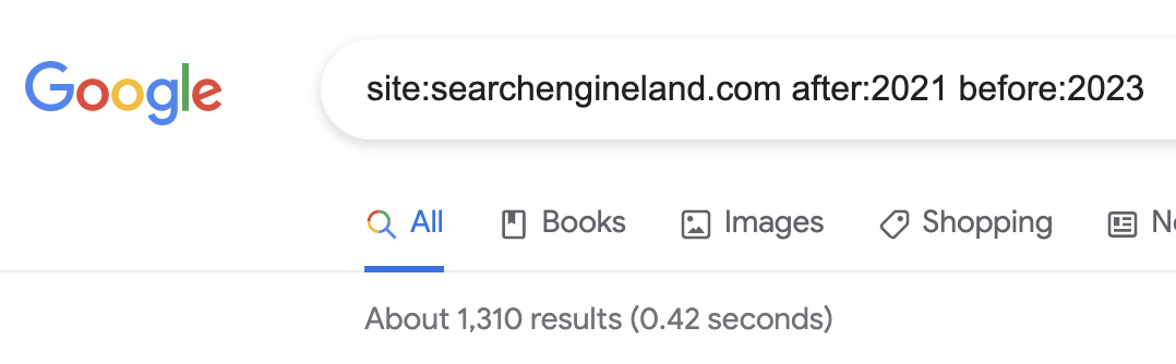 Verificando o ritmo de publicação do Search Engine Land usando os operadores site:, depois: e antes:
