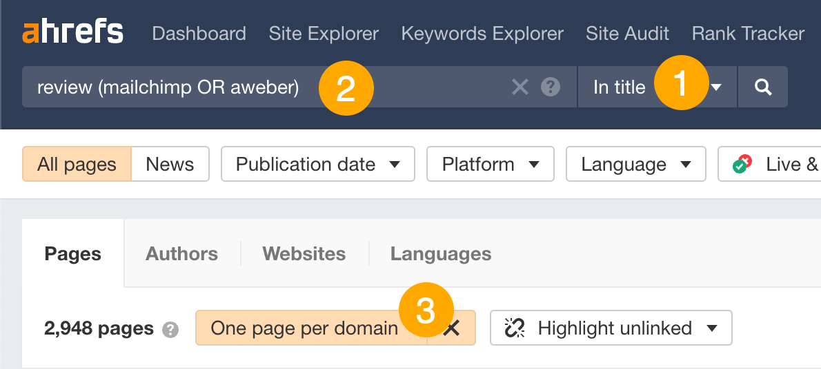 Searching for reviews that mention competitors in Ahrefs' Content Explorer
