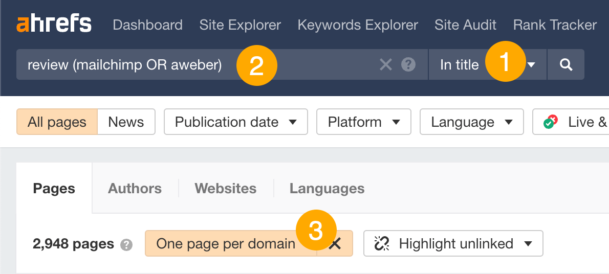 Procurando resenhas que mencionam concorrentes no Content Explorer da Ahrefs
