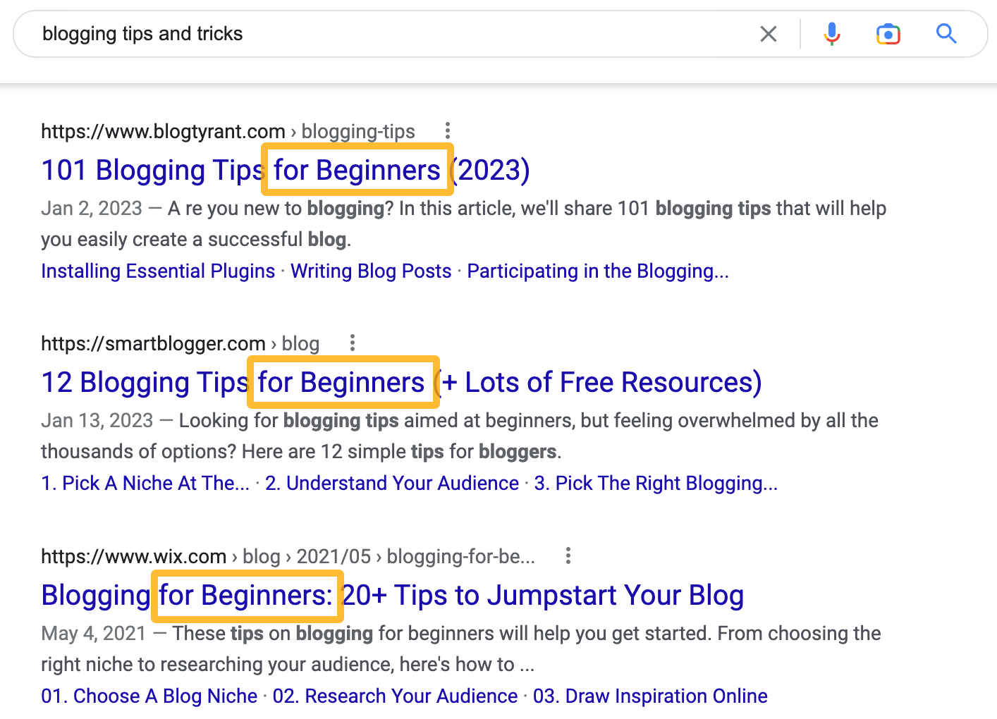 Examples of beginners' guides on the first page for "blogging tips and tricks"
