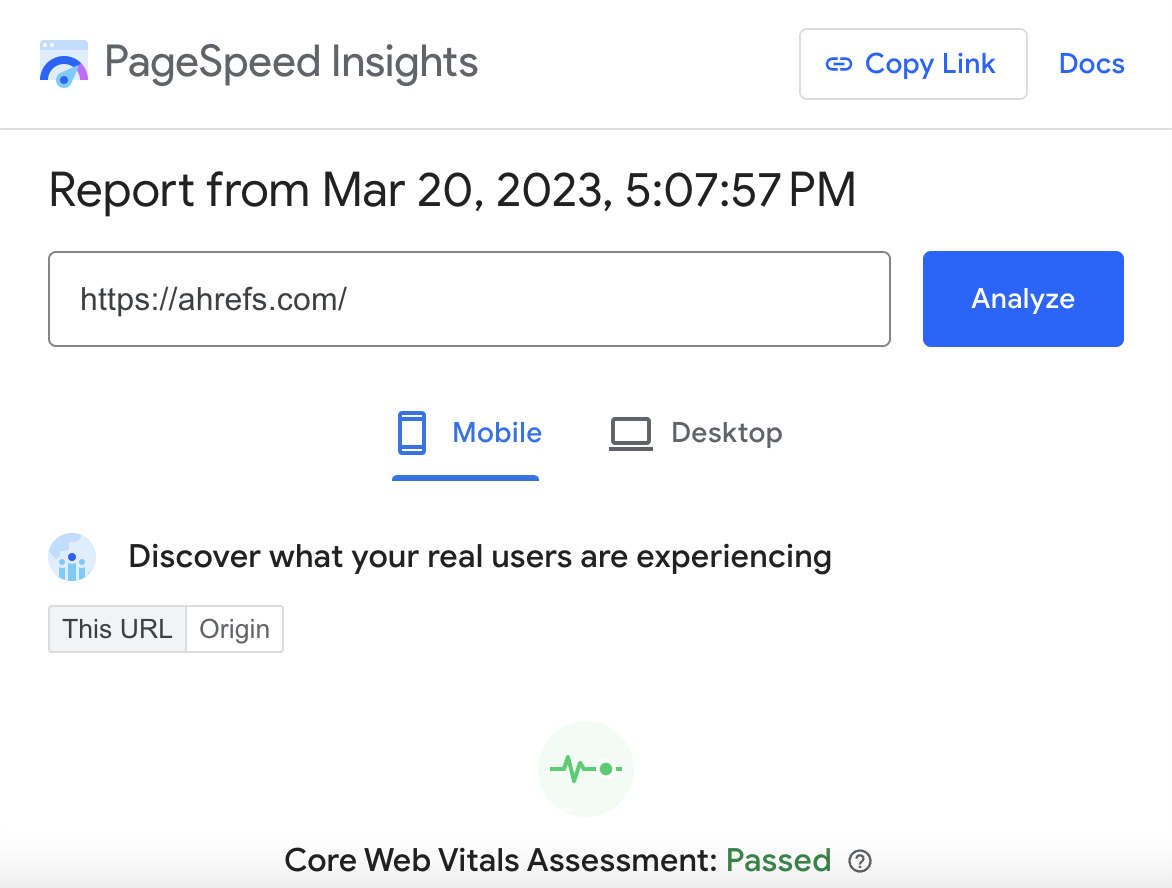 CWV assessment for Ahrefs, via Google PageSpeed Insights
