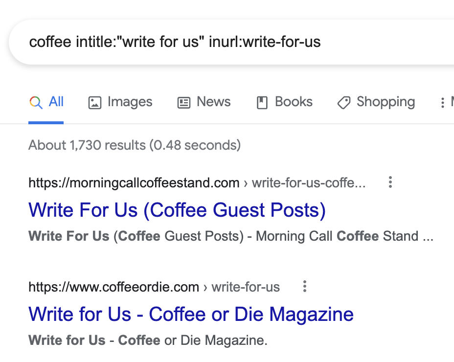 Searching for guest post opportunities with intitle: and inurl: