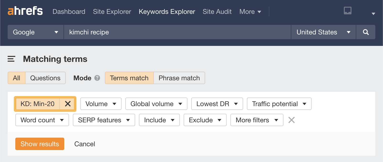 Keyword Difficulty filter, via Ahrefs' Keywords Explorer
