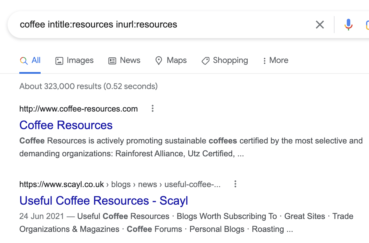 Searching for resource page opportunities with intitle: and inurl: