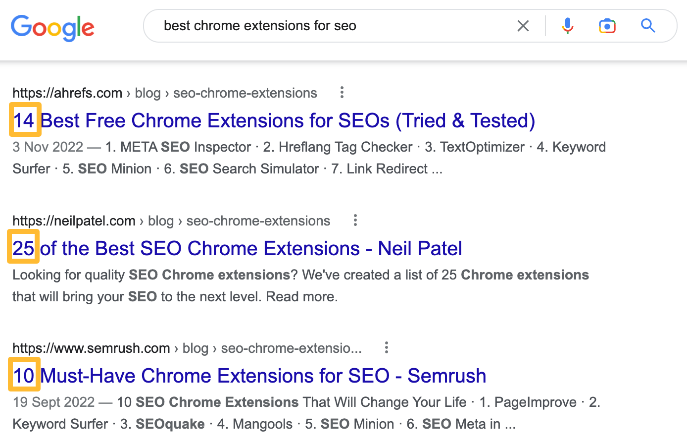 Examples of listicles ranking on the first page for "best chrome extensions for seo"
