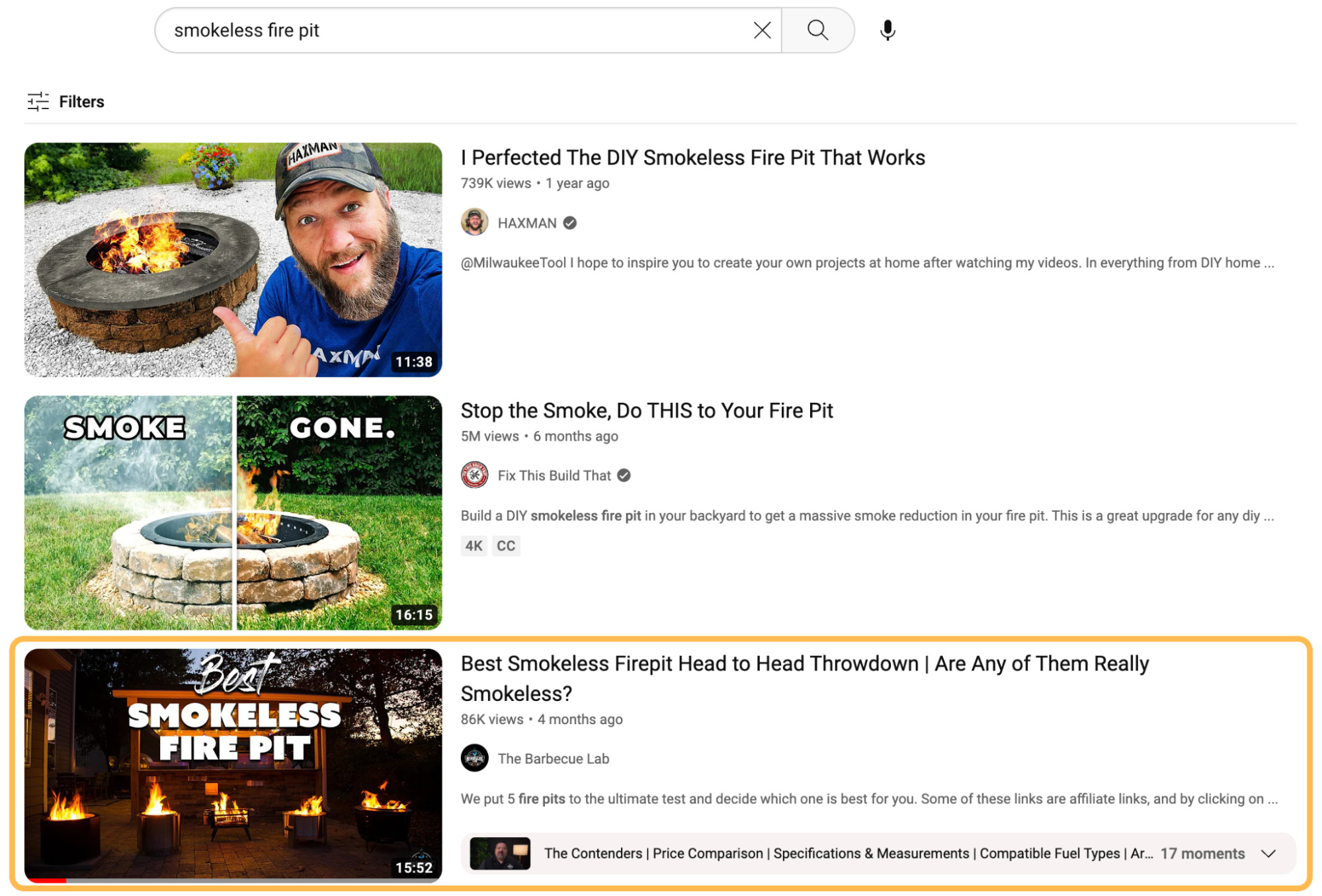 The Barbecue Lab ranking on YouTube for the keyword "smokeless fire pit"