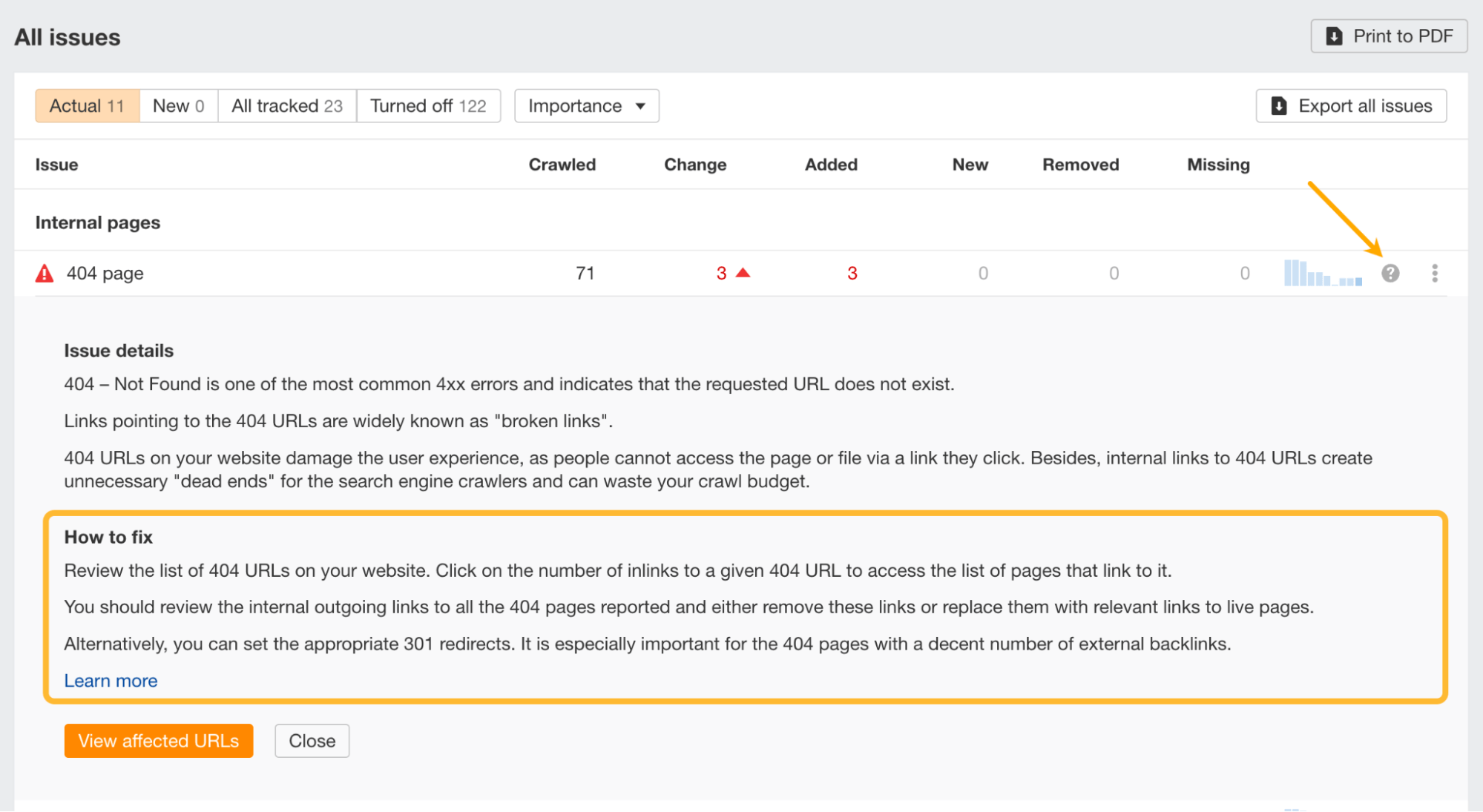 "How to fix" issue dialog, via Ahrefs Webmaster Tools