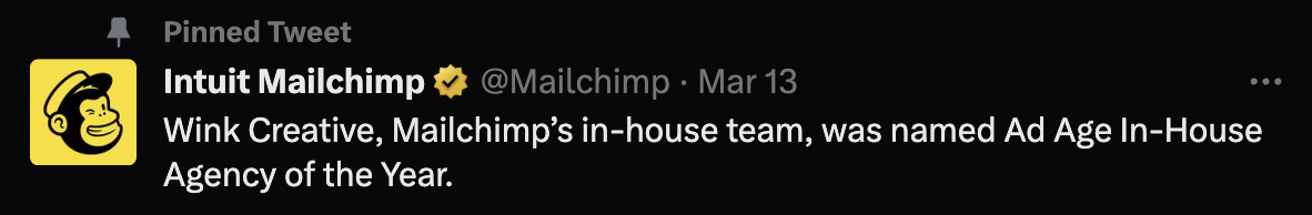 Mailchimp's pinned tweet mentions an award
