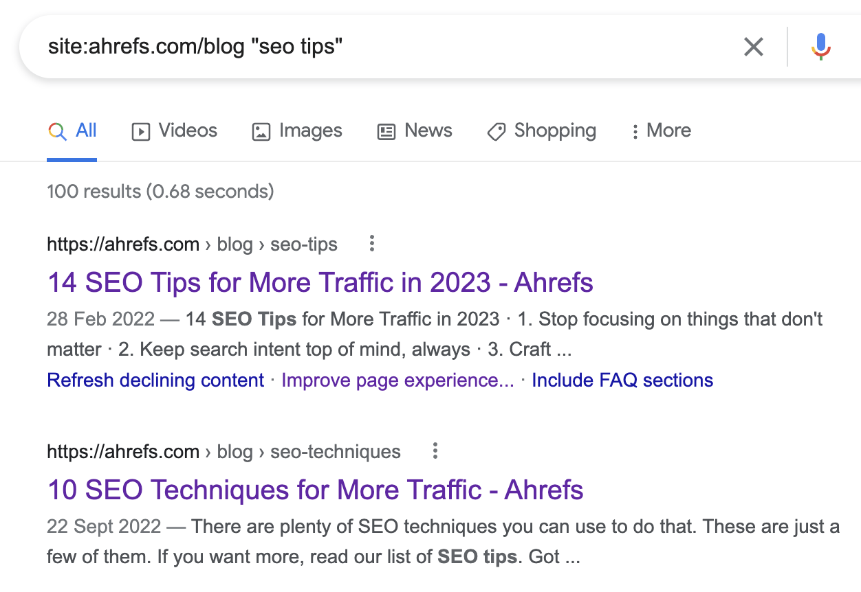Searching for internal link opportunities with the site: operator