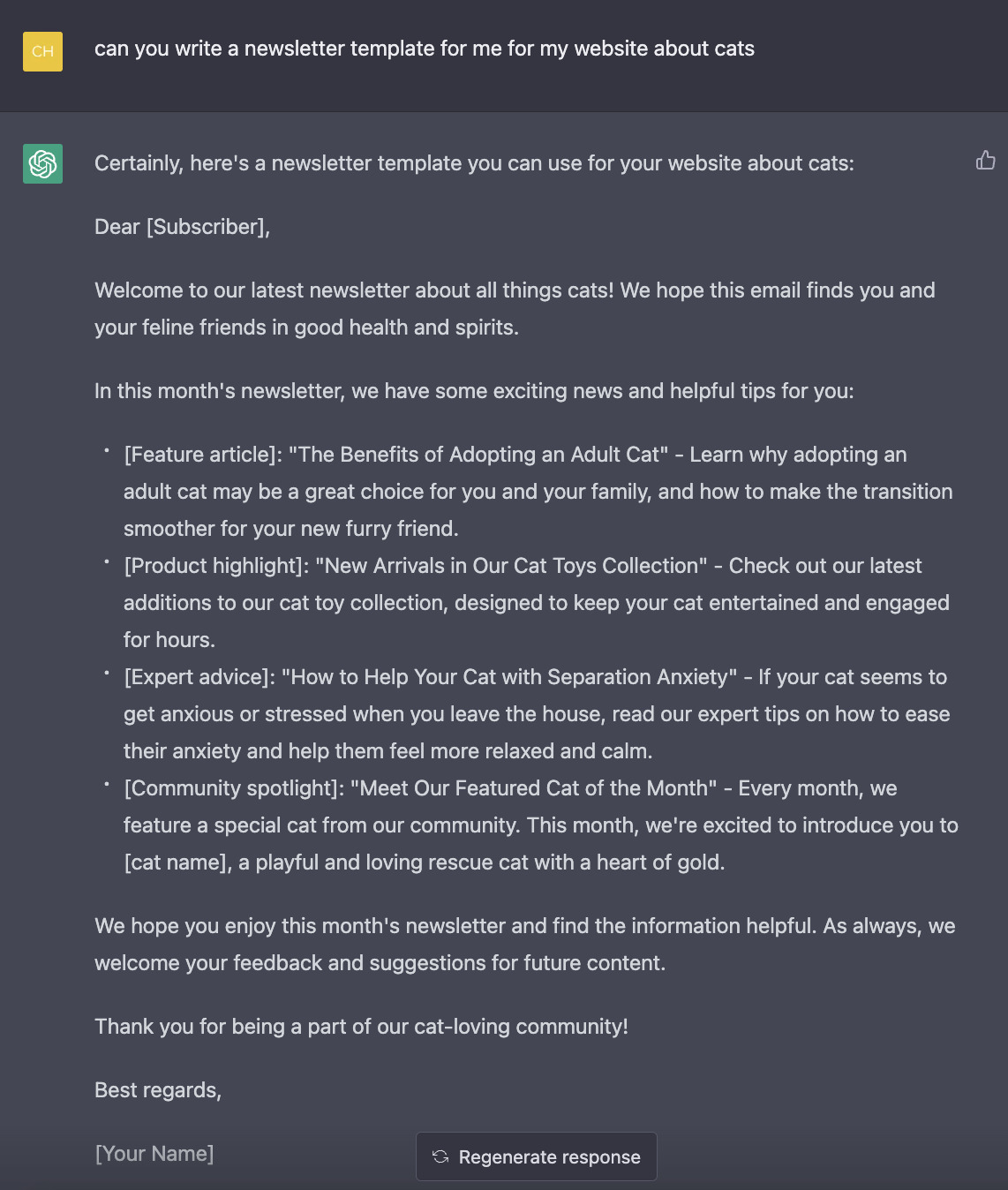 Newsletter template example, via ChatGPT
