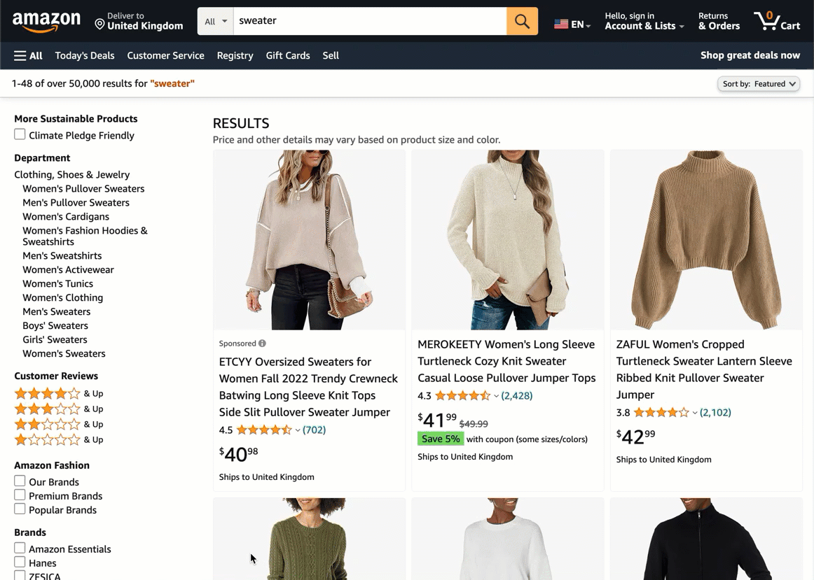 A few of the e-commerce category pages ranking on the first page for "sweaters"
