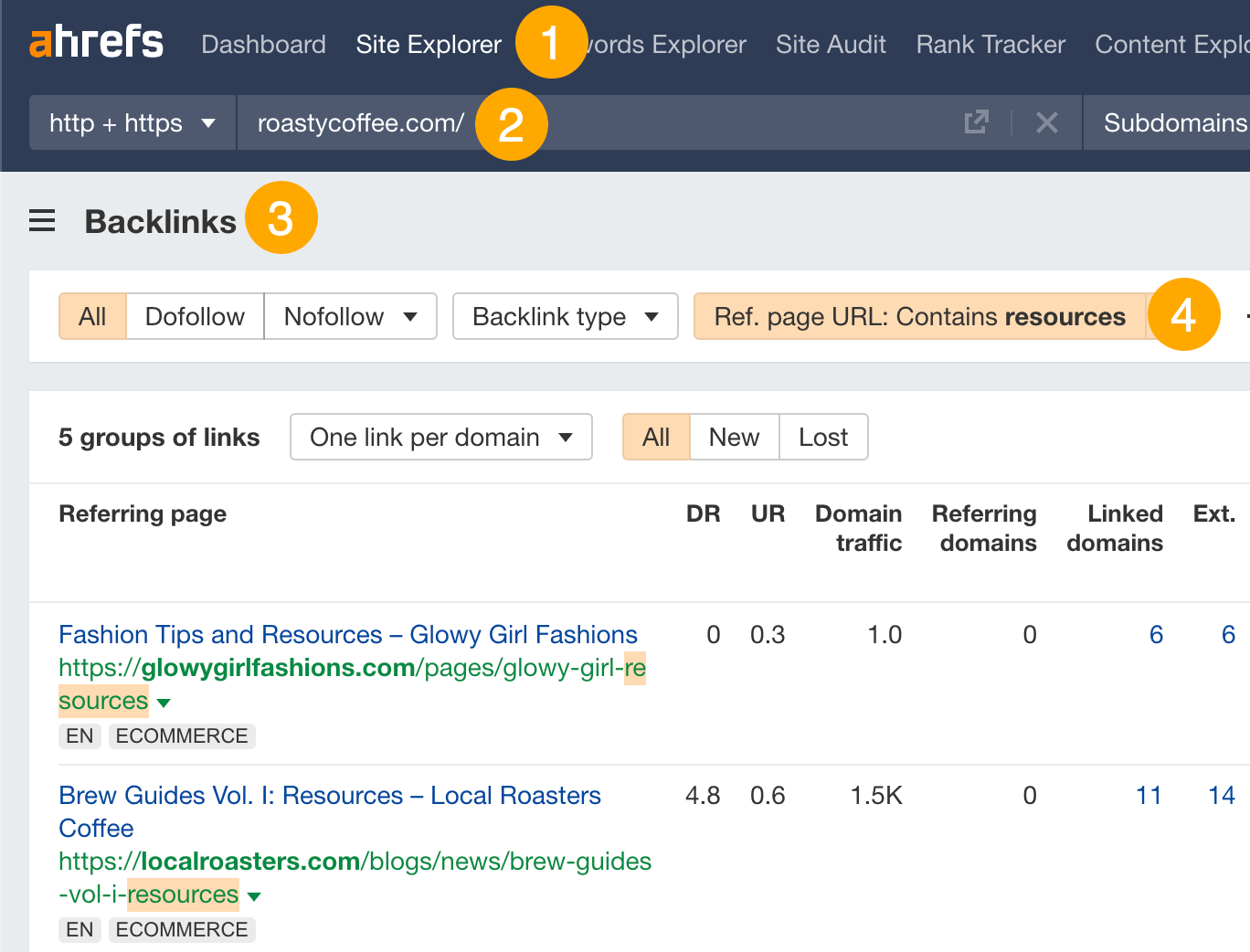 Searching for resource pages in competitor's backlink profile in Ahrefs' Site Explorer