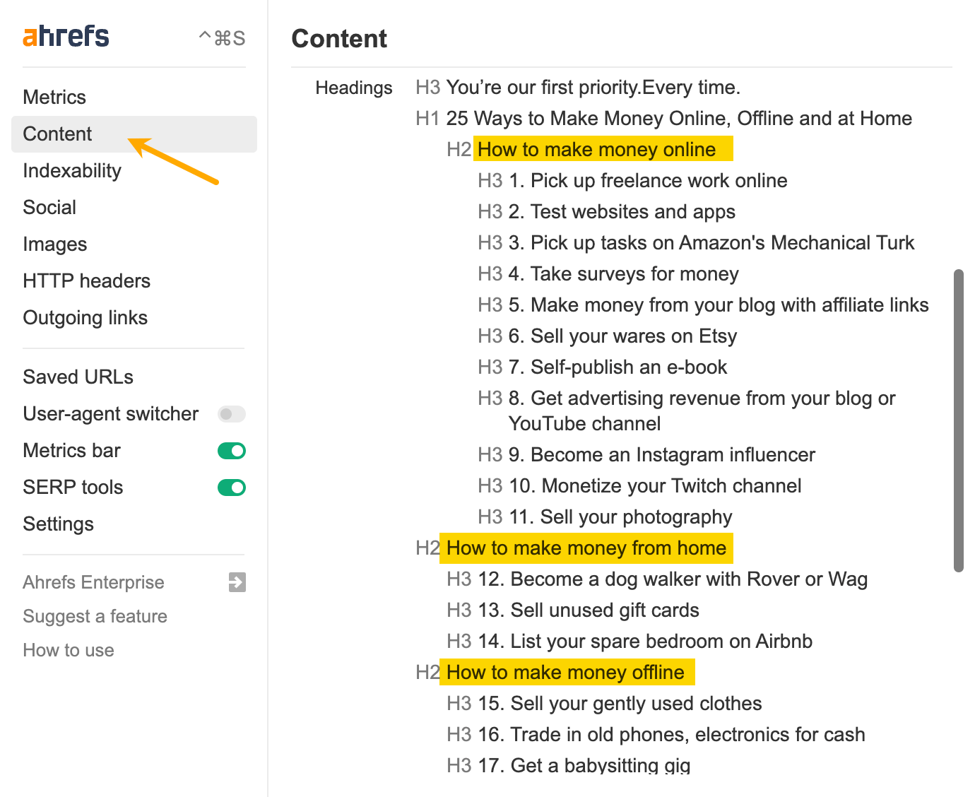 Content report from Ahrefs' SEO Toolbar