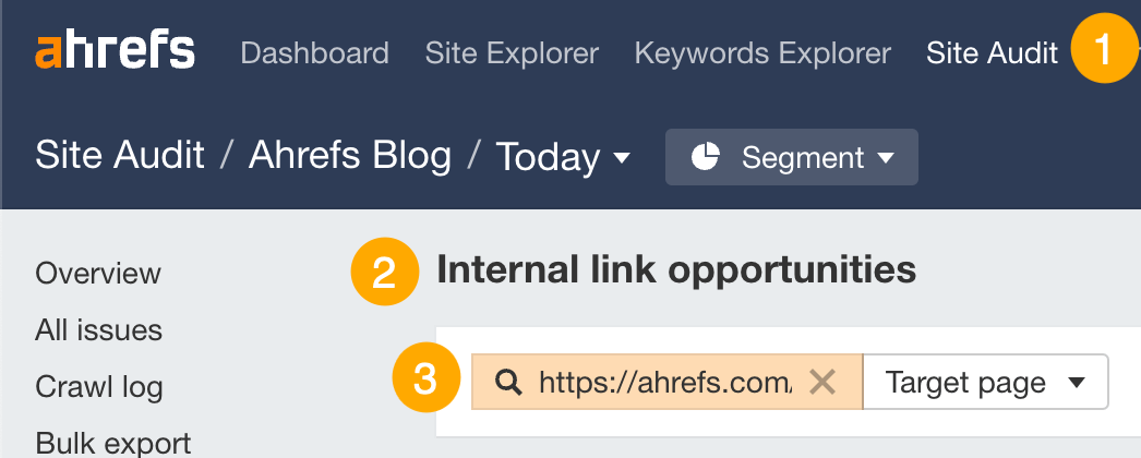 Using the Internal Link Opportunities tool in Ahrefs' Site Audit to find places to add internal links

