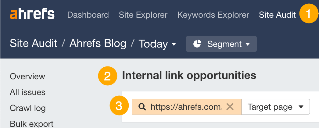 Usando a ferramenta Internal Link Opportunities no Ahrefs' Site Audit para encontrar lugares para adicionar links internos
