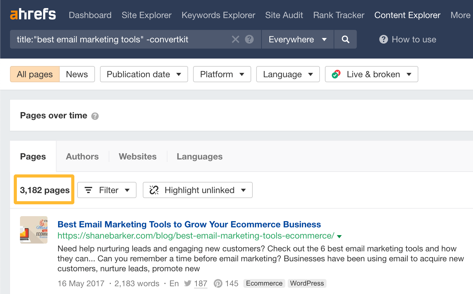 Excluding results mentioning a particular brand in Ahrefs' Content Explorer using the "-" operator

