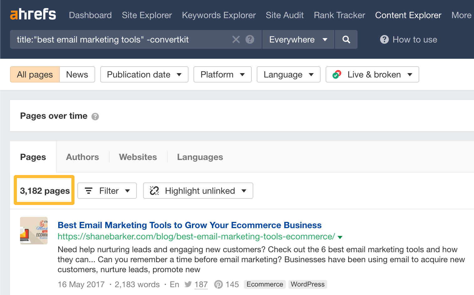 Excluindo resultados que mencionam uma marca específica no Content Explorer do Ahrefs usando o operador "-"
