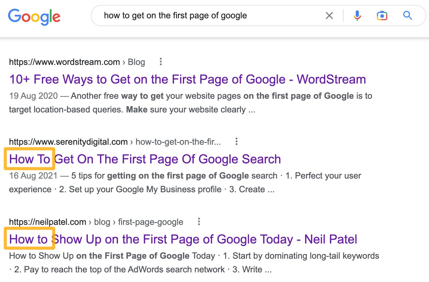 Examples of "،w to" guides ranking on the first page for "،w to get on the first page of google"
