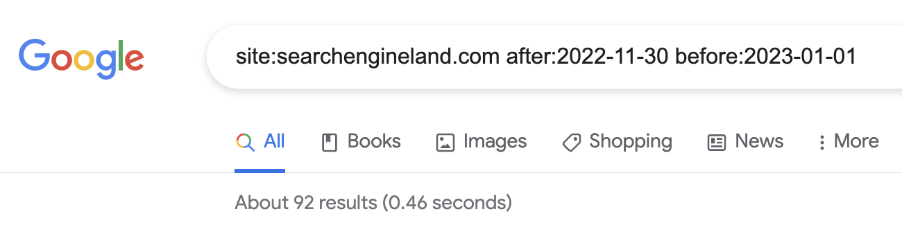 Checking a competitor's publishing pace using the site:, after:, and before: operators