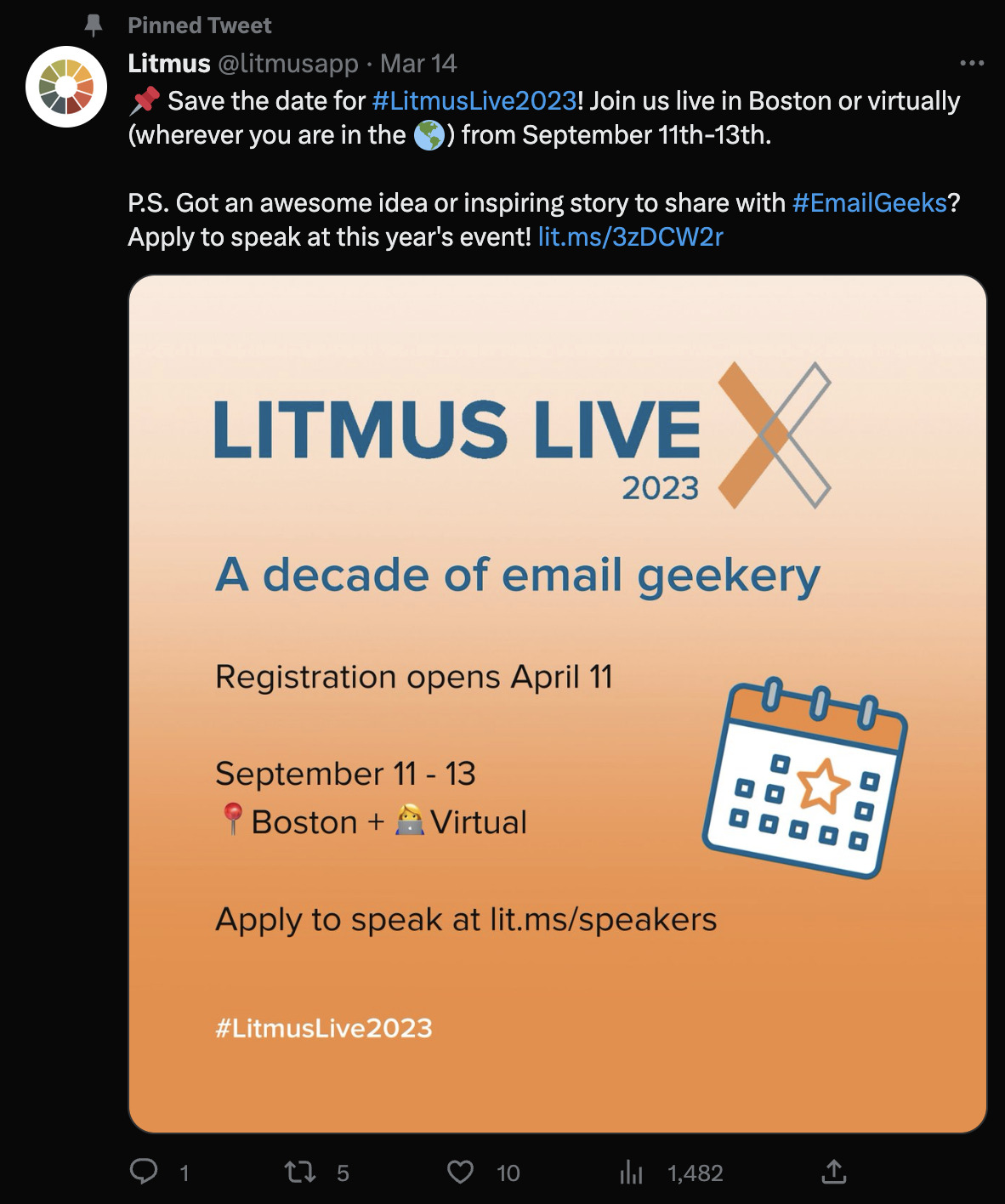 Litmus' pinned tweet announces an upcoming conference
