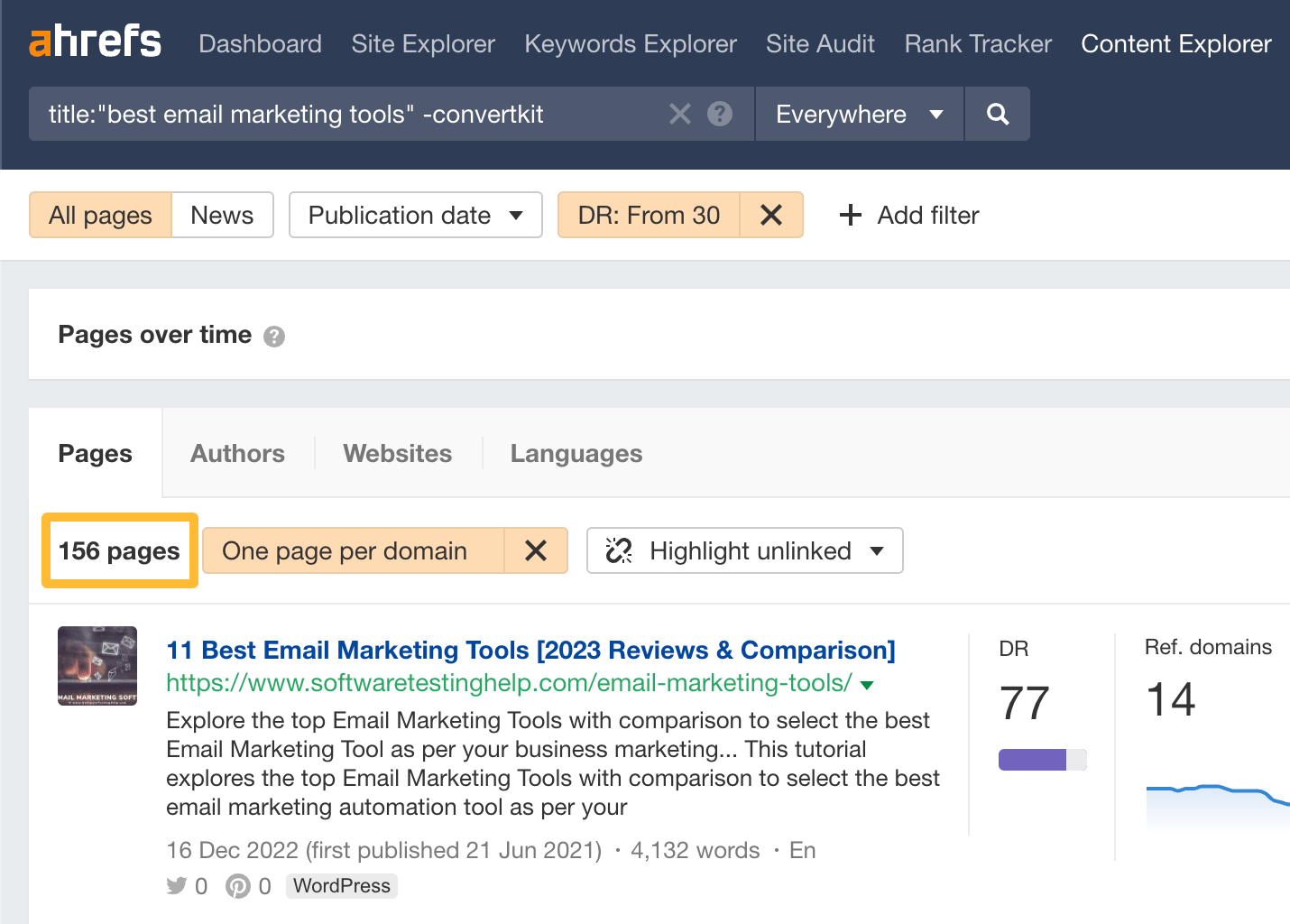 Narrowing results with filters in Ahrefs' Content Explorer
