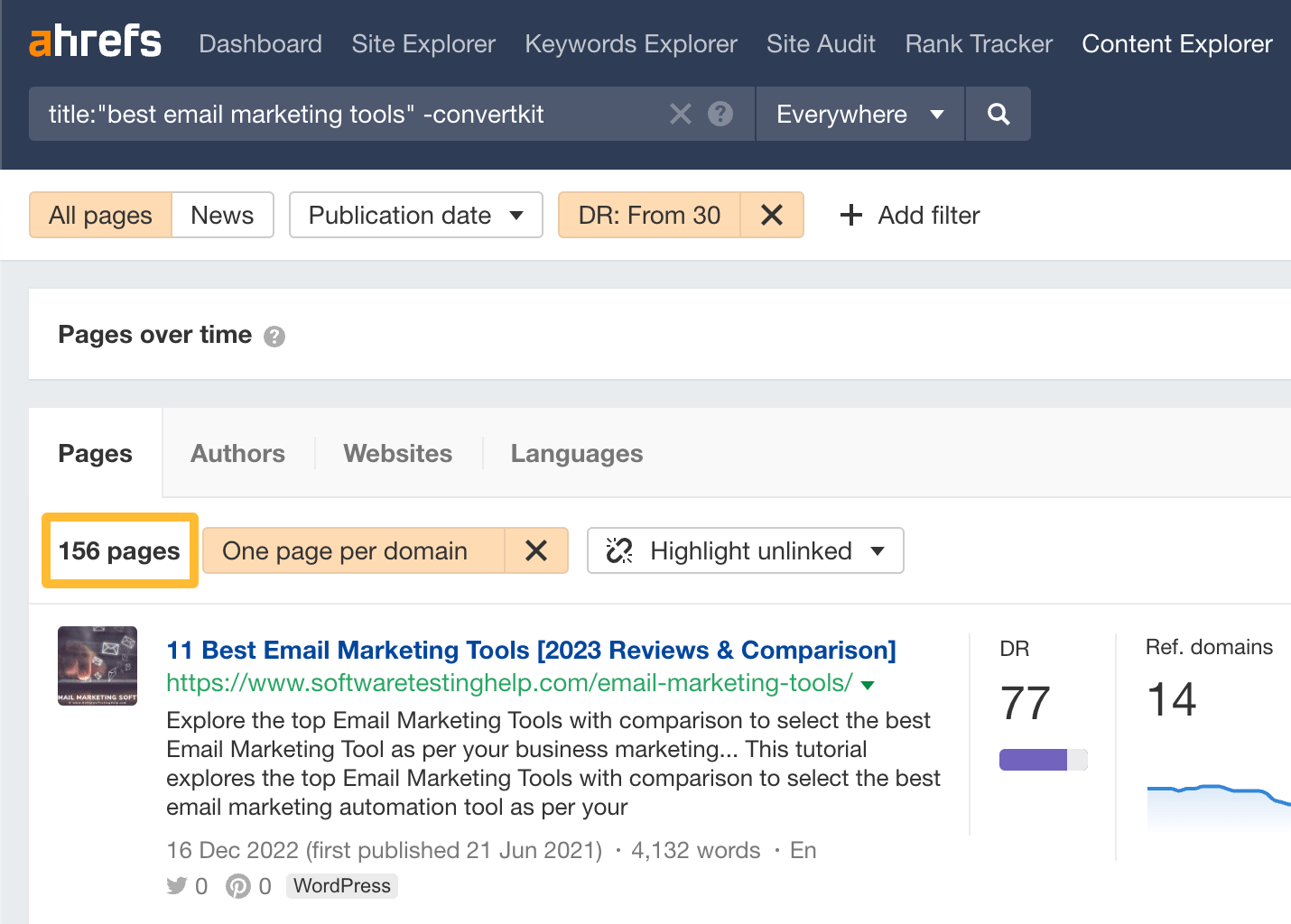 Narrowing results with filters in Ahrefs' Content Explorer