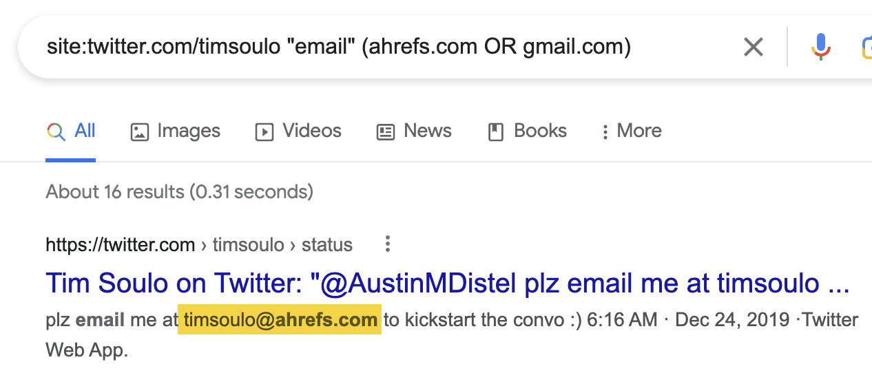 Searching for Tim Soulo's email address on Twitter with the site: operator

