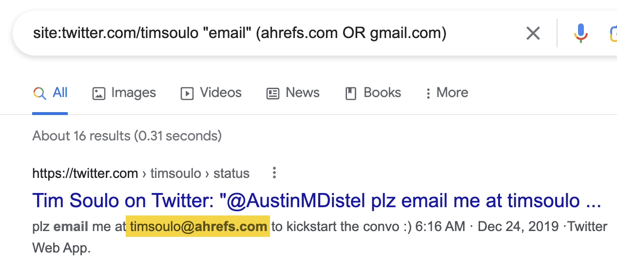 Searching for Tim Soulo's email address on Twitter with the site: operator