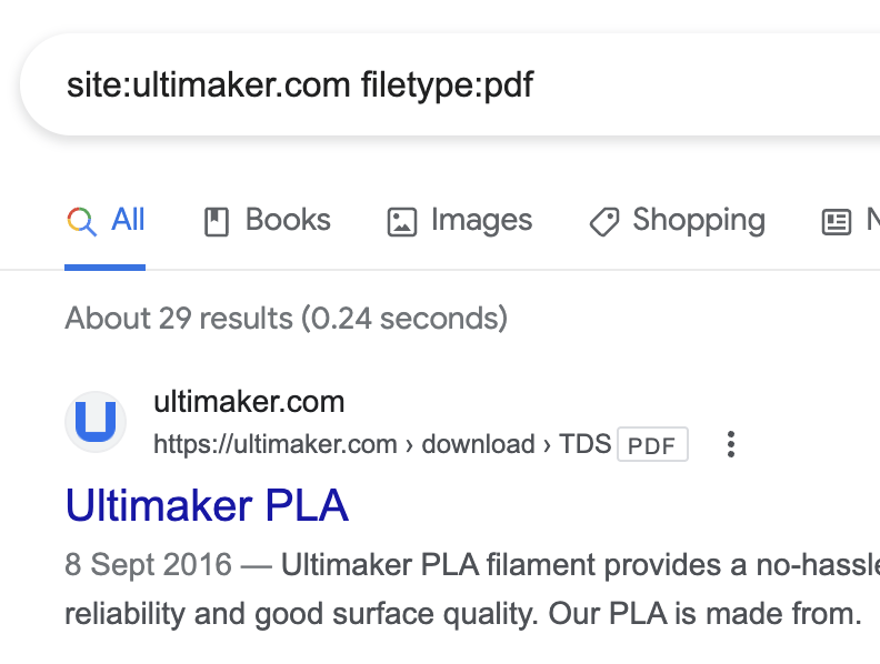Combining the site: and filetype: operators shows that this site has a few PDFs indexed