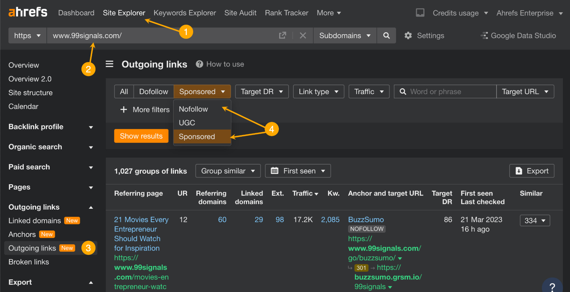 How to look up sponsored links in Ahrefs