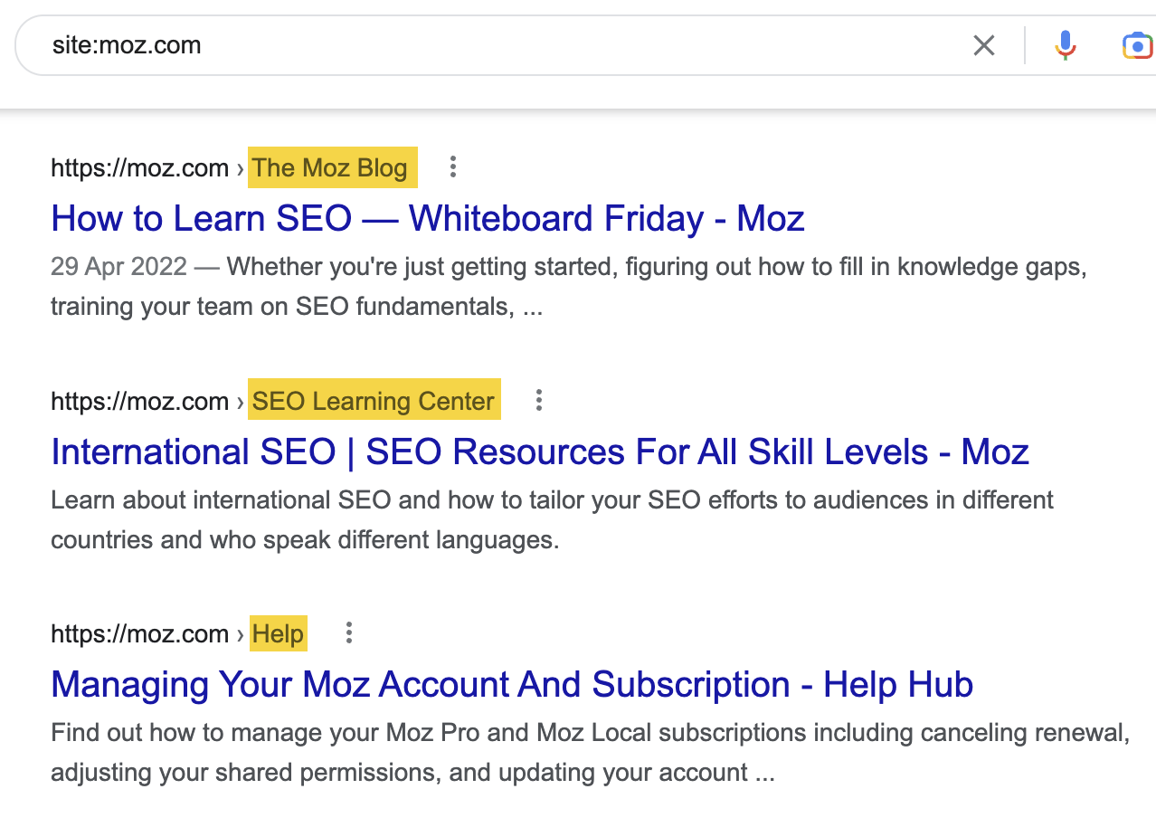 The site: operator reveals where Moz publishes content